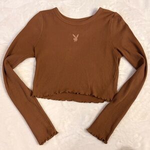 PLAYBOY Brown Ribbed Crop Top